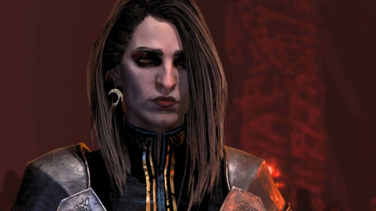 Woman wearing armor and dark hair surrounded by a red background in Diablo 4.