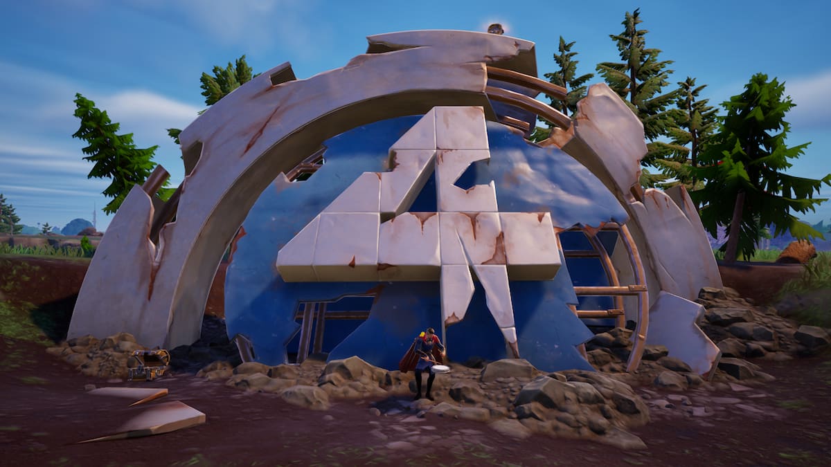 Picture showing the Fractured Four location in Fortnite with a Doctor Strange.