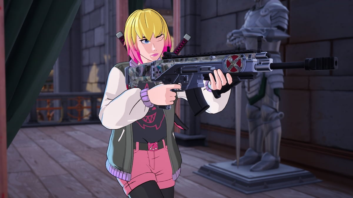 Gwenpool holding a gun and preparing to shoot an enemy in Fortnite.