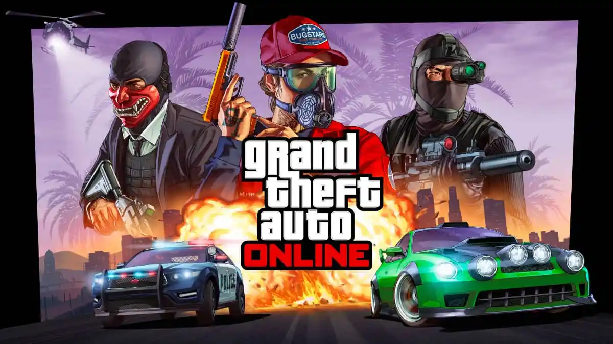 An image of the GTA Online Logo, which features two cars racing past an explosion and three characrers in combat armor wielding guns.