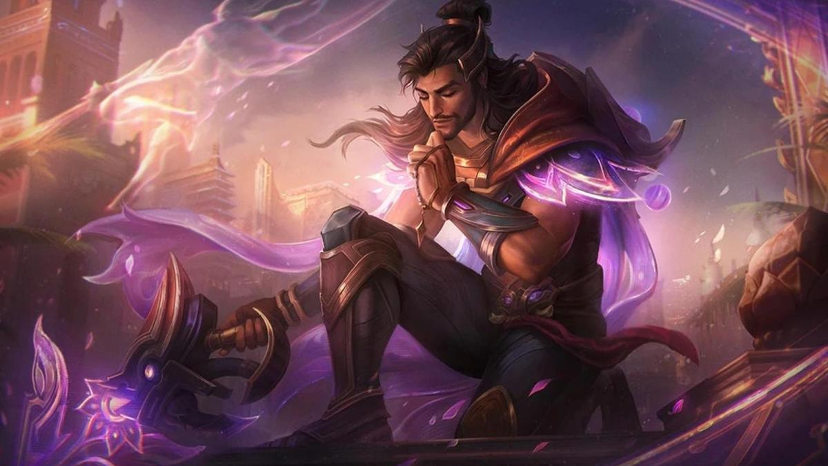 Three Honors Akshan prays with a purple mystic glow around him in League of Legends as he lays his gun on the ground.