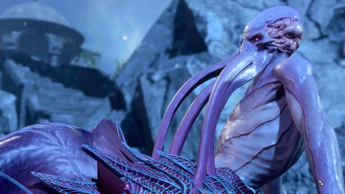 Mind Flayer with tentacles and a large head leaning back on his hands in a dream in BG3.