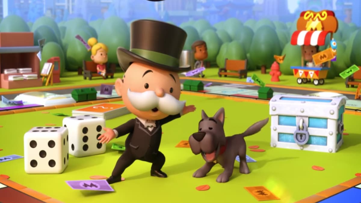 Mr. M and dog Scottie on Monopoly GO board with Dice, cash, and people sitting around the board