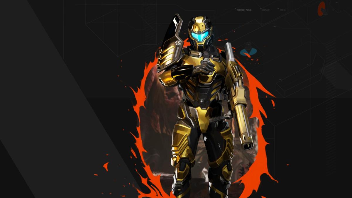 A Splitgate soldier steps through an orange portal into a black background poster with a huge golden gun.