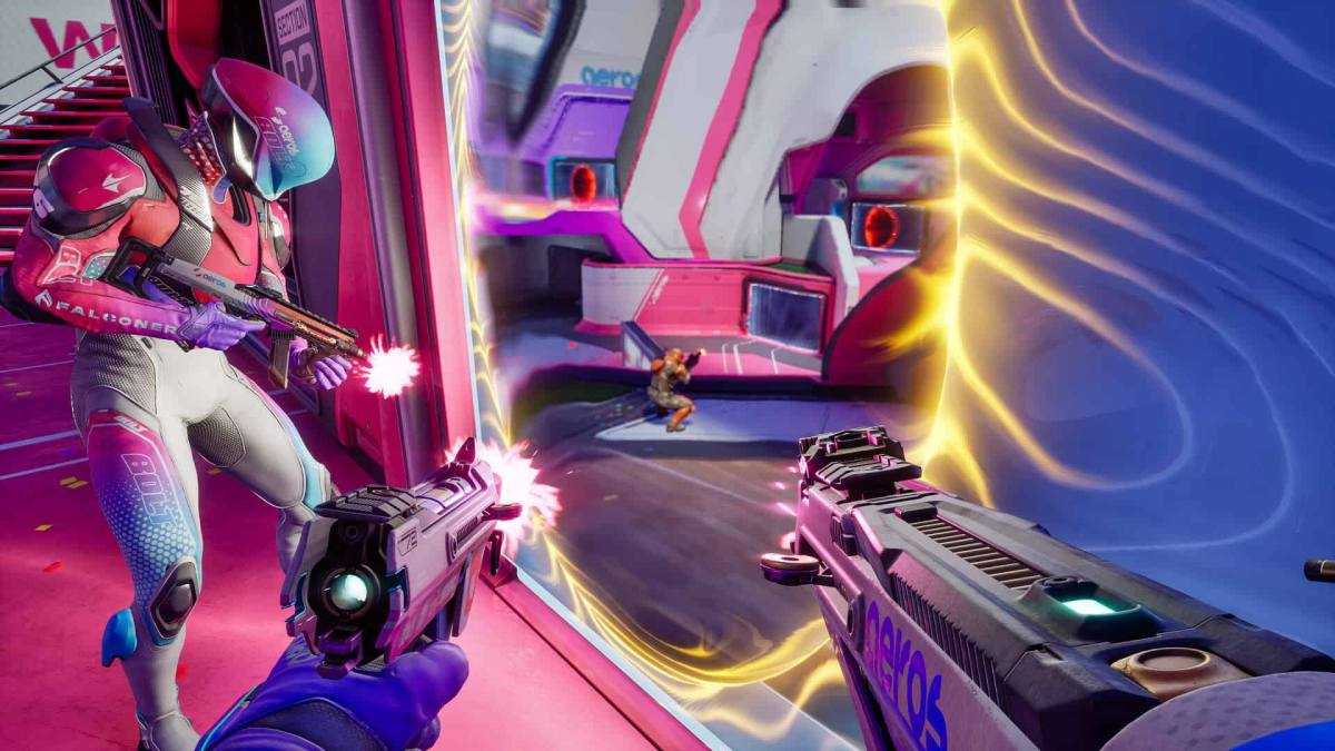 Two teammates look through a portal at an unsuspecting enemy in Splitgate 2.