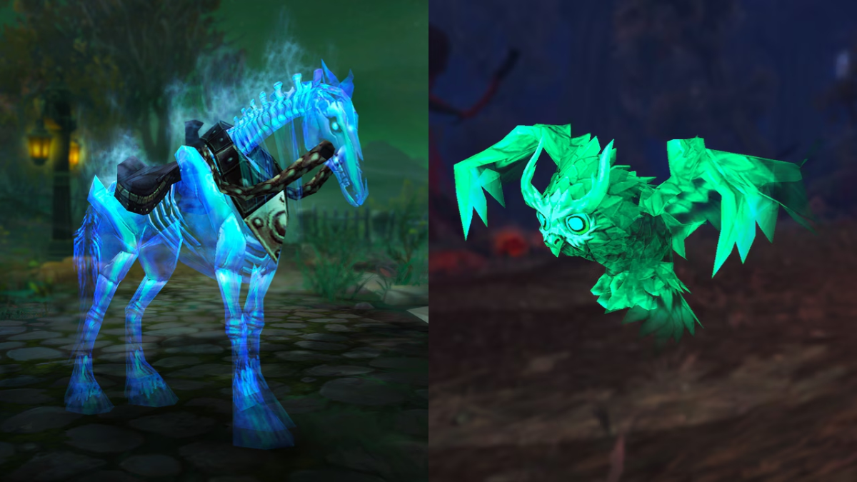 The blue horse mount and a glowing green owl pet in WoW War Within for the Twitch Drops