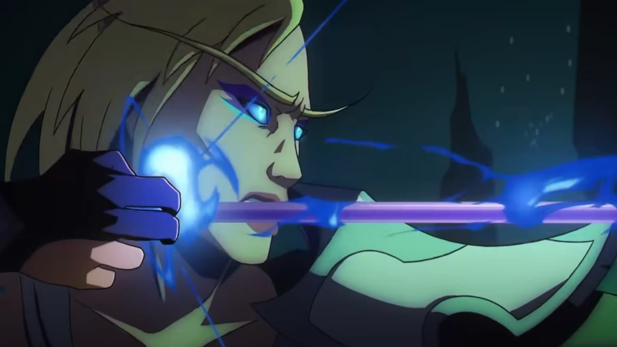 Alleria Windrunner’firing a void arrow that is purple and glowing blue with her eyes blue and hair blonde in WoW The War Within