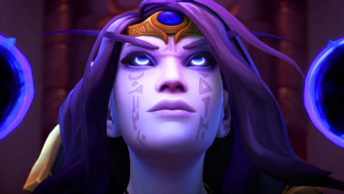 A woman with purple hair, a headband, and face markings staring at the sky in WoW The War Within